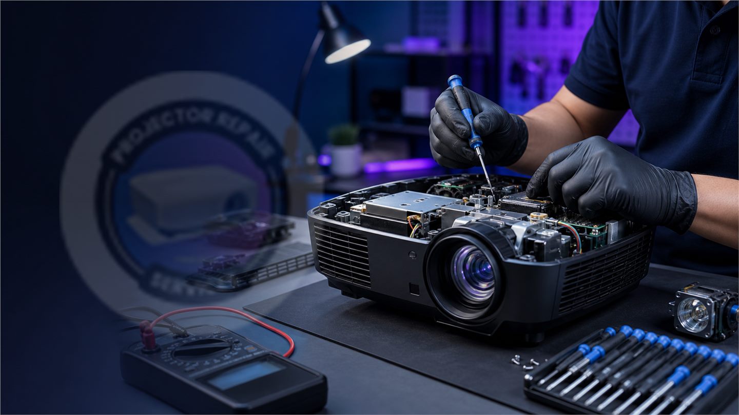 Technician repairing an opened projector for issue diagnosis in Goa