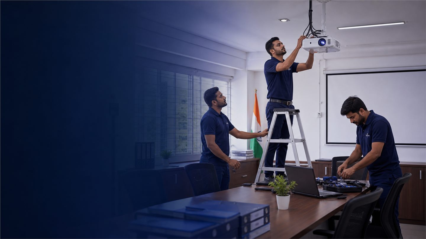 Technicians maintaining a ceiling projector inside a Goa office meeting room