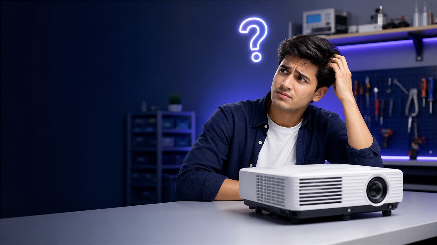 Confused customer with a question mark asking about a projector repair problem