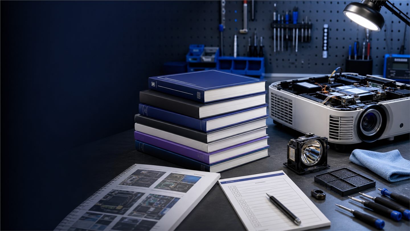 Projector repair guide books and diagnostic tools on a repair shop bench