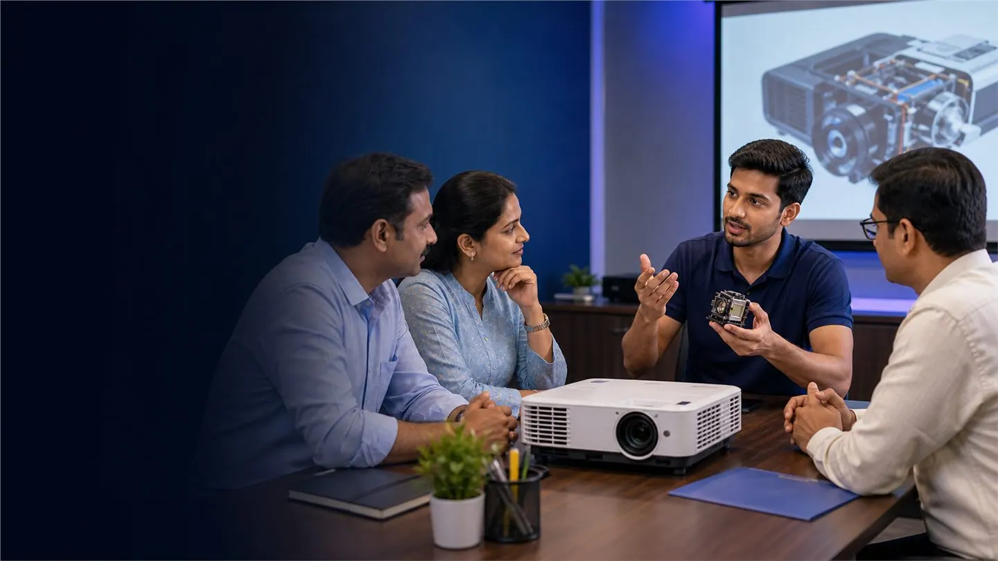 Projector Maintenance Blog Technician Goa Technician explaining projector repair and maintenance tips to customers in Goa